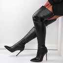 YING LAN Over the Knee High Boots for Women Sexy Zipper Pointed Toe High Heel Faux Leather Surgical Stretch Riding Thigh High Boots Black, Size: 7.5