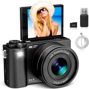 4K Digital Camera for Photography & Video: 64MP Vlogging Camera with 2.8180 Flip Screen, Autofocus, 16X Digital Zoom, 32GB Card, Compact Point & Shoot Travel Camera for Beginners & Teens