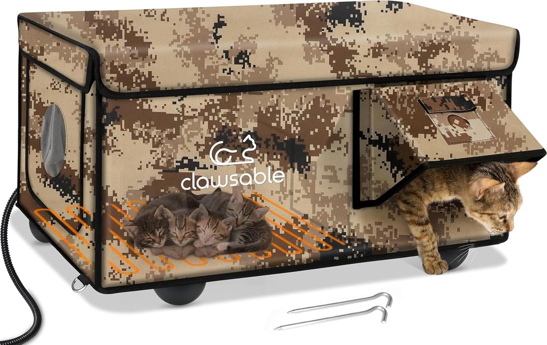 Sturdy Outdoor Heated Cat House for Winter, Insulated Heated Cat House for Outside with Two Door, Feral Cat Shelter with Waterproof Awning, Outdoor Cat House Barn Stray Kitty (26.0"L x 16.0"W x 13.0"H, Desert Camo)