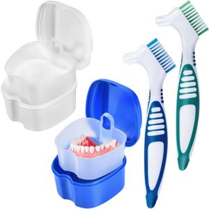 2 Pack Denture Bath Case Cup Box Holder Storage Container with Denture Cleaner Brush Strainer Basket for Travel Cleaning (Blue and Pink)
