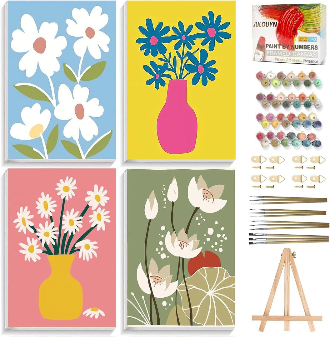 JULOUYN 4 Pack Paint by Numbers Kit for Adults, Assorted Vase Flowers DIY Art Kits for Beginners, 8x12 in Framed Canvas for Home Decor Gift (Simple Flowers-01)