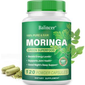 Moringa Capsules, Natural Green Superfood Supplement, 120 Vegan Capsules