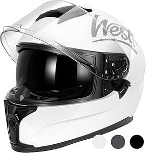 Westt Motorcycle Helmets Full Face Helmets - Street Bike Helmet with Dual Visor DOT Approved for Men Women Adults Compact Lightweight Storm X Grey Black White (White, L (23.23-23.62 in))
