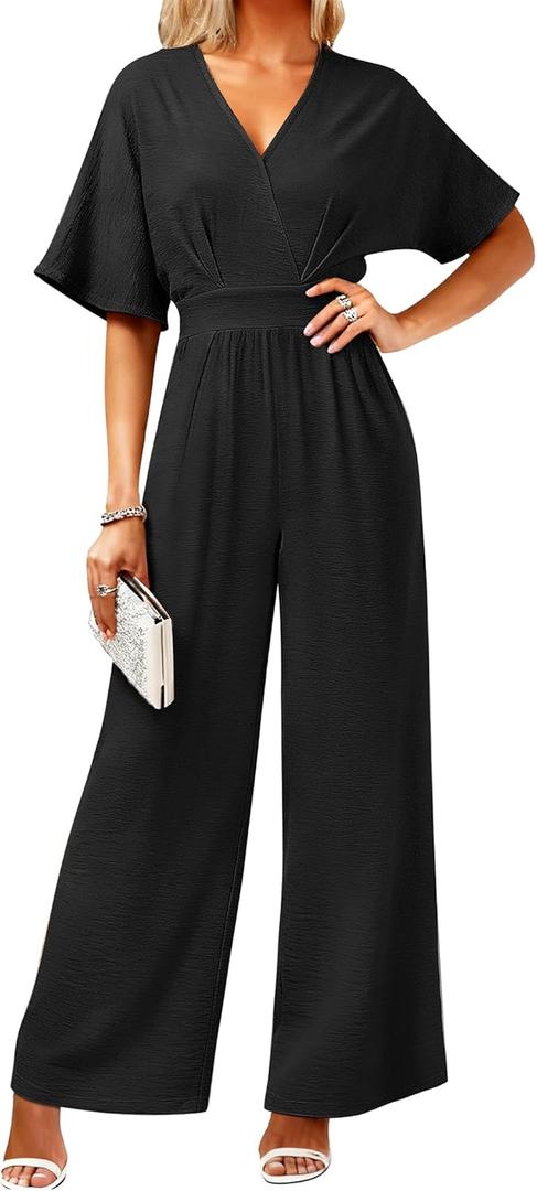LOOKBOHO Women's One Piece Jumpsuits Dressy Casual V-Neck Batwing Short Sleeve Wide Leg Elegant Ladies Jumpsuit Rompers (Black), XXL