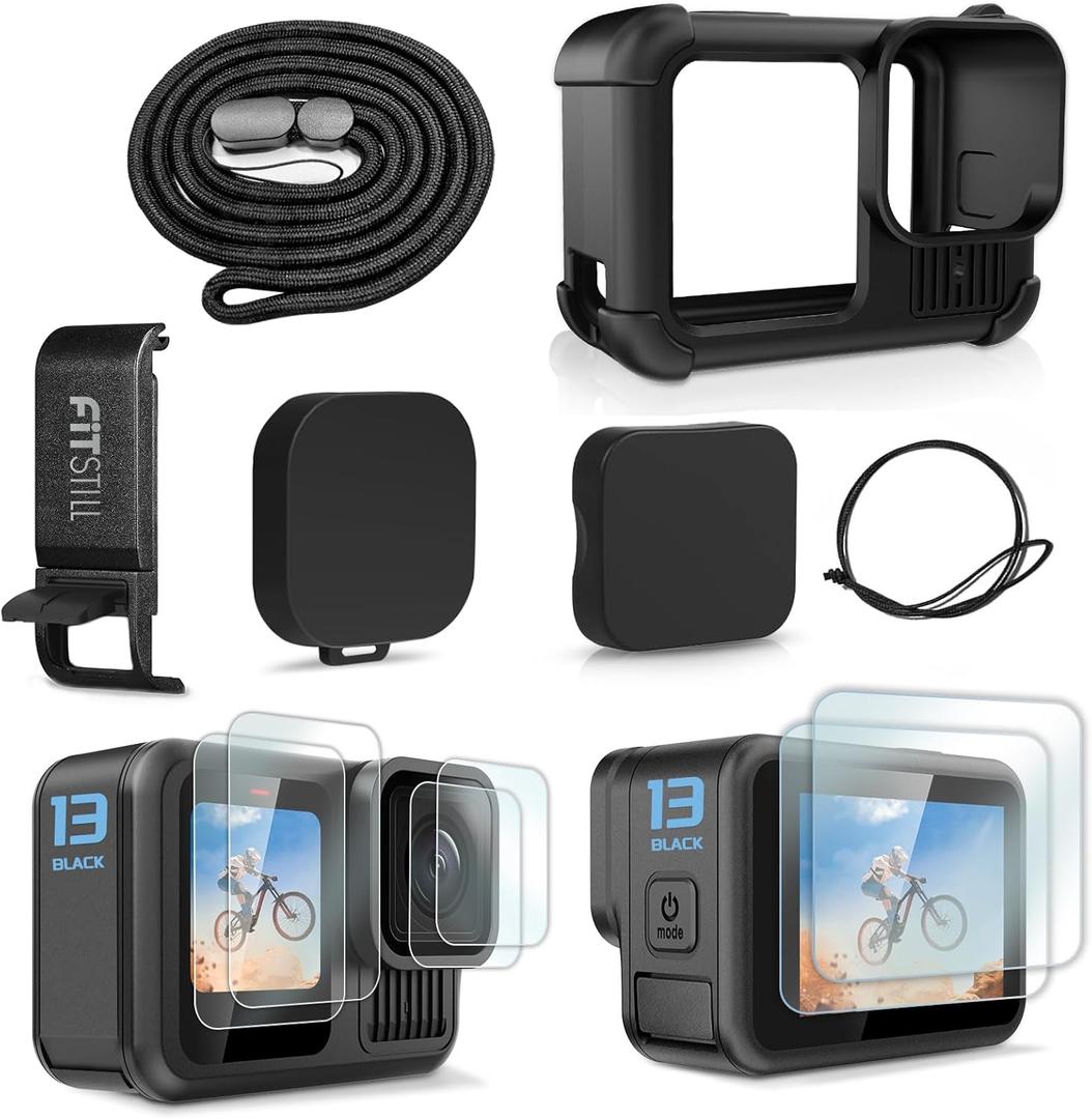 FiTSTILL Black Silicone Sleeve Rubber Protective Case for GoPro Hero 13 Black, Accessories Kit Includes Screen Protectors, Lens Caps, Lanyard & Battery Side Cover