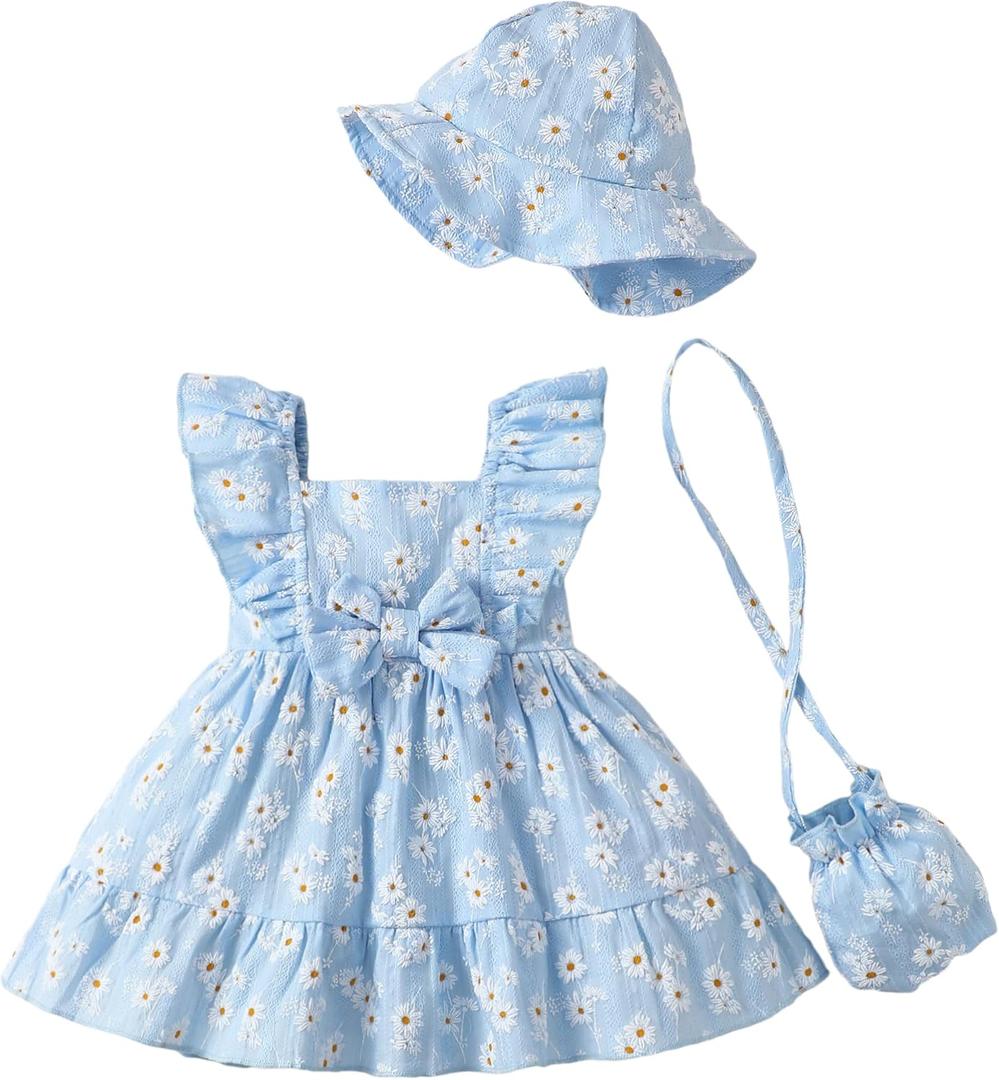 Renotemy Baby Girl Summer Dress Infant Boho Outfits Light Blue Daisy Casual Floral Sundress with Hat and Bag Sleeveless Party Beach Dresses Baby Girl Clothes 6-9 Months 12 Months