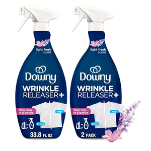 Downy Wrinkle Releaser Spray, All In One Wrinkle Release Spray, Odor Eliminator, Static Remover, Fabric Refresher & Ironing Aid for Clothes, 33.8 Fl Oz (Pack of 2), Unstopables Fresh Scent