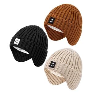 3 Pack Baby Beanie Hats with Earflaps, 2 Size Baby Winter Hat for Newborn Infant Toddler Kids Children with Cute Smiley Face, Soft Warm Fleece Lined Knit Hat for Girls Boys-08