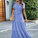 MASCOMODA Womens Summer Swiss Dot Maxi Dresses Wrap V Neck Flutter Short Sleeve Boho Casual Flowy Long Wedding Guest Dress (Blue, S)