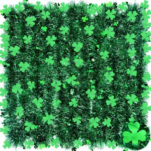 TURNMEON 3 Pack Total 49.2 Ft St. Patrick's Day Shamrock Tinsel Garland Decor Green Clover Metallic Streamers St Patricks Day Decorations Indoor Outdoor Home Irish Party Supplies, Each 16.4 Ft by 4.3"