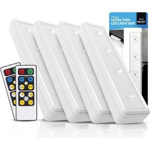 Brilliant Evolution 0.6" Ultra-Thin Wireless Under Cabinet Lights - 4 Pack, Battery-Operated LED Fixtures with 2 Remotes 3000K Warm White Stick-On Lighting, Timer Included for Kitchen and Counter