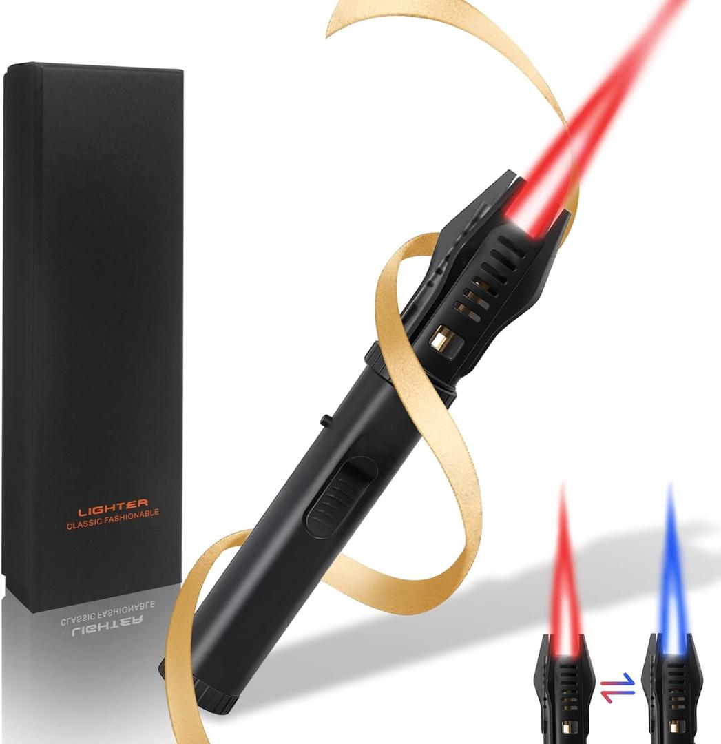 Torch Lighter  Butane Refillable Kitchen Torch, Straight & Adjustable Flame Torch, Windproof Blow Torch, Safety Lock, for BBQ, Brulee, Cooking  Unique Lighter Gift for Fest(Gas Not Included)