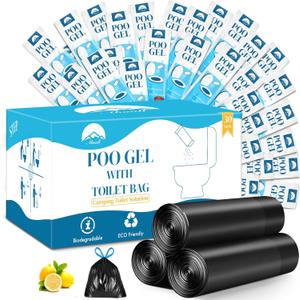 Portable Toilet Bags Poo Gel Set, 30 Count 10 Gal Camping Toilet bags with drawstring and 30 Pack 0.53 Oz each Pee Powder for Portable Camping Toilet fit for Traveling, Emergency, Outdoor Activities