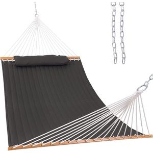 Lazy Daze Hammocks 12 FT Double Quilted Fabric Hammock with Spreader Bar and Detachable Pillow, 2 Person Double for Outside Patio Poolside Backyard Beach, 450lbs Capacity, Gray