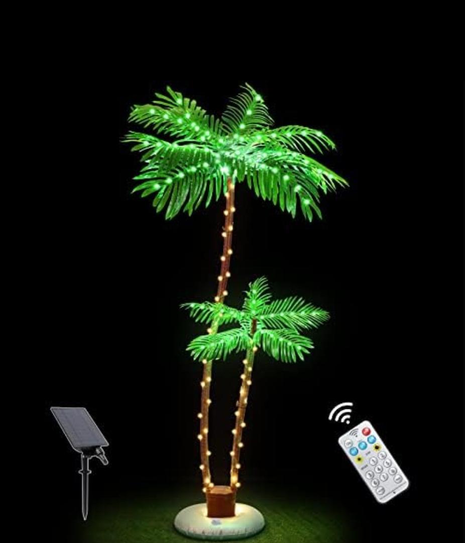 OUSHENG Solar Lighted Palm Trees for Outside Patio, Bar Pool Deck Outdoor Decorations Decor, Light Up LED Artificial Fake Tree Lights for Yard Tropical Party Christmas