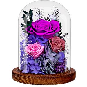 Flowers for Delivery Prime Preserved Flowers Gift for Women, Real Forever Rose Bouquet in Glass Dome, Purple Flowers Gift for Mother's Day, Birthday, Anniversary, Valentine's