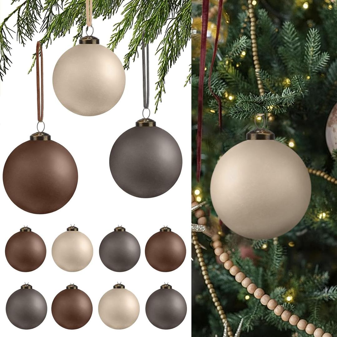Soulchen 24 Pcs 2.36 Inch Neutral Frosted Glass Christmas Ball Ornaments Decor Hand Blown with Velvet Ribbon for Xmas Tree Vintage Rustic Farmhouse Decoration Light Khaki, Dark Brown, Gray Brown
