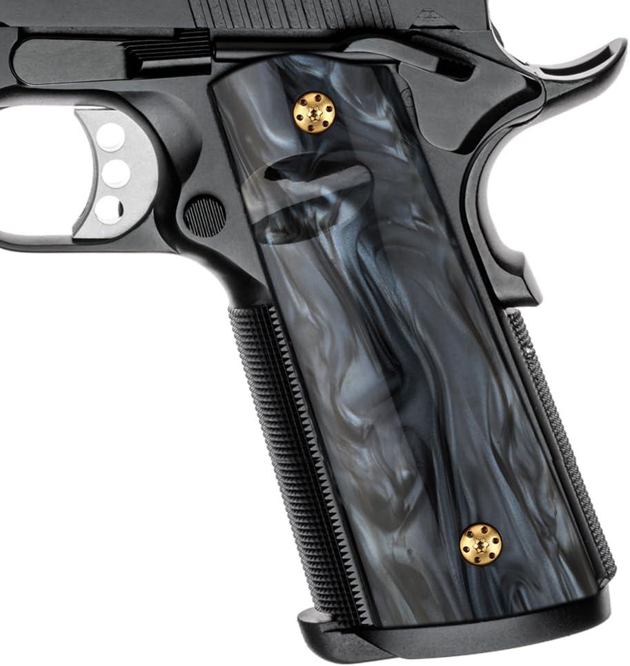 Cool Hand 1911 Magwell Grips, Full Size Government Commander, High Polished Synthetic Black/White Pearl, Gold Screws Included, Ambi Safety Cut