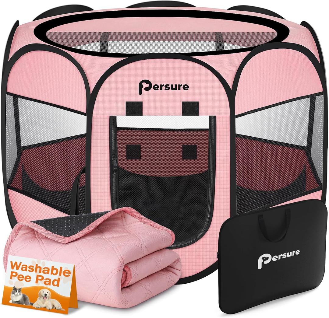 Dog Cat Playpen Indoor Outdoor for Puppy Pet Dogs Cat Recovery After Surgery, Dog Tent Crates Cage Indoor/Outdoor, Portable Pop Up Kennel with Carrying Case for Travel (Premium Pink with Pad, Small)