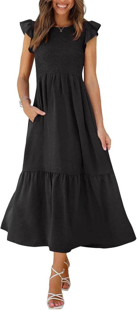 OFEEFAN Women's Casual Maxi Dresses with Pockets Ruffle Sleeve Smocked Dress 2XL, Black