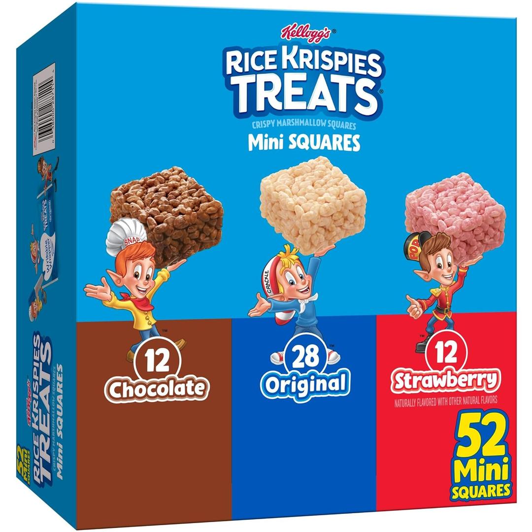 Rice Krispies Treats Mini Crispy Marshmallow Squares, Kids Snacks, Lunch Snacks, Variety Pack, 20.1oz Box (52 Bars) BBD: 06/15/2025