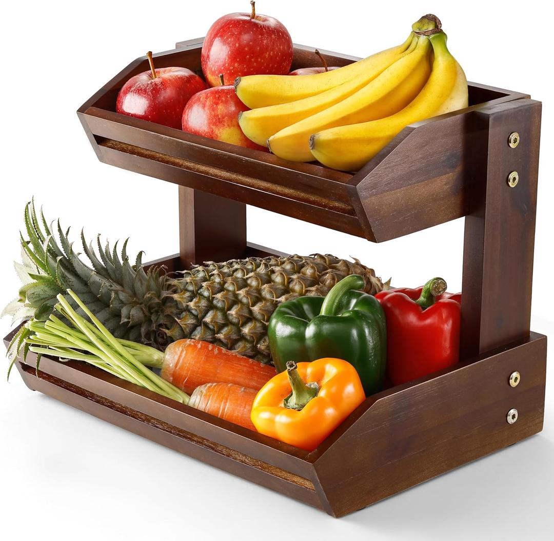 HOLANA Acacia 2 Tier Fruit Basket for Kitchen Counter Organizer  Wooden Fruit Bowl & Wooden Basket for Kitchen Counter Storage, Vegetable Produce Storage & Snack Organizer for Countertop (Walnut)