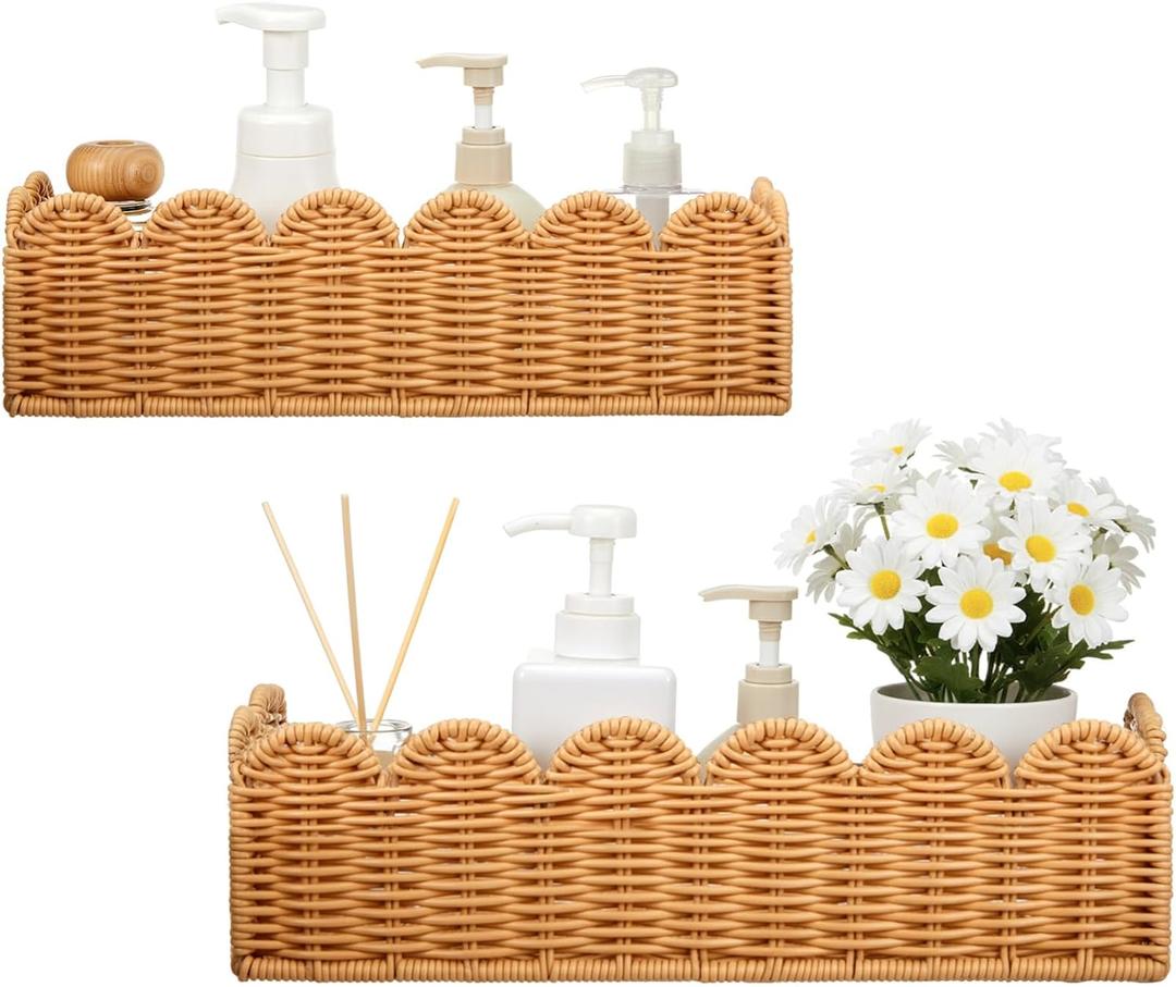 Ripeng 2 Pcs Scalloped Hanging Shower Caddy, Wicker Wall Bathroom Shelves, Waterproof Shower Shelves for Cosmetics, Toiletries Organization and Storage, Rattan Wall Rack for Bathroom Decor
