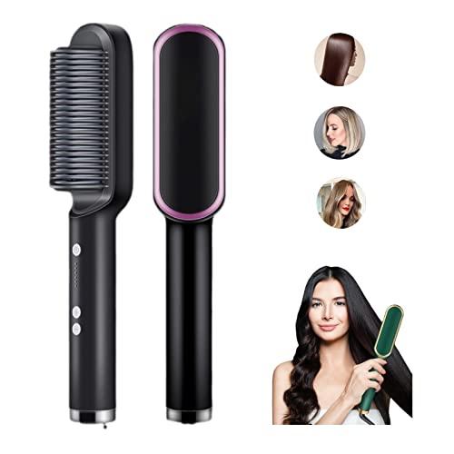 2023 New Negative Ion Hairs Straightener Styling Comb With 5 Temp, 2 In 1 Hair Straightener Brush And Curler, Portable Electric Straightening Comb Heated Hair Brush 10s Fast Heating Anti-Scald (Black)