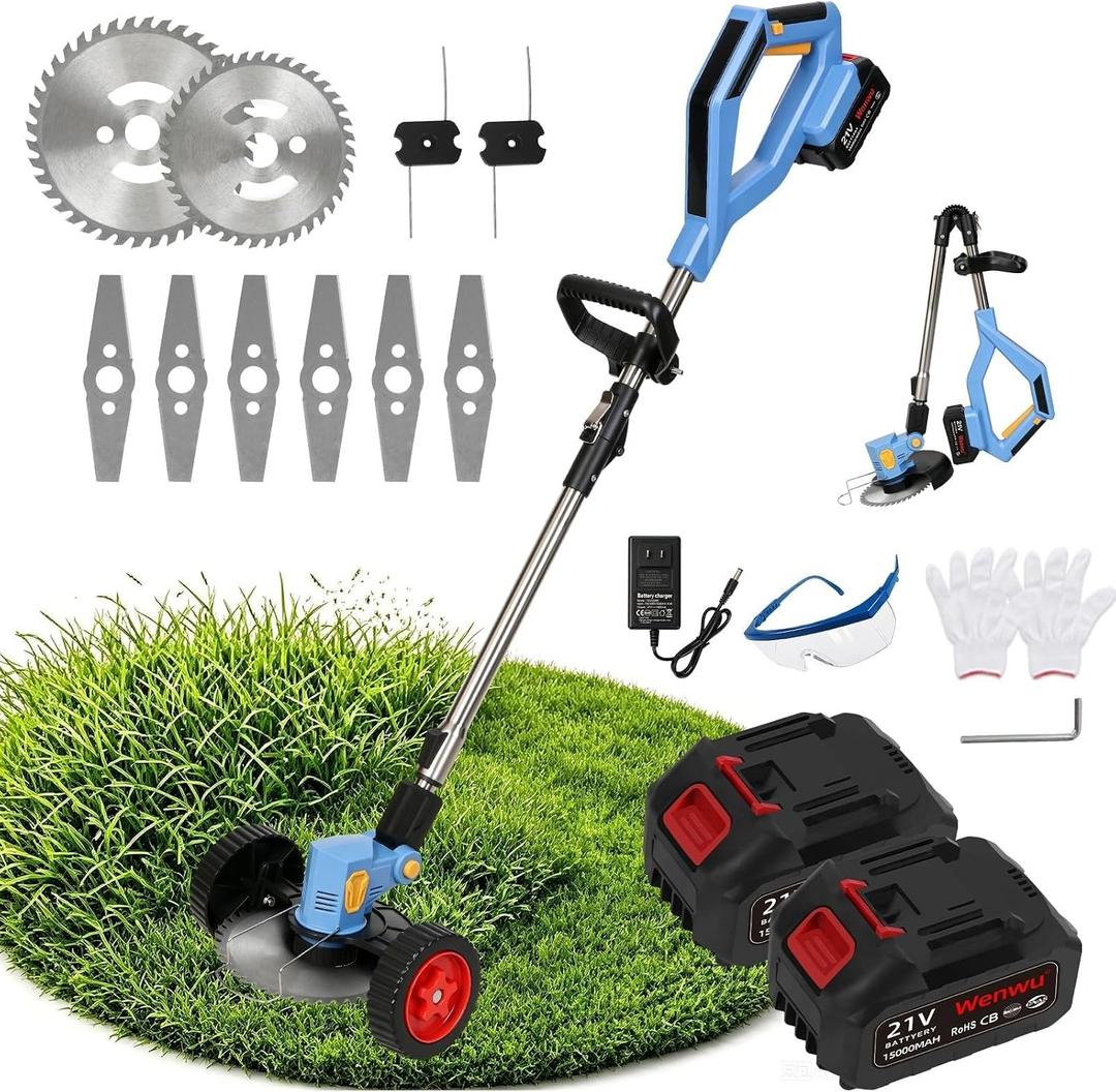 Cordless Weed Wacker & Weed Eater, 21V 3-in-1 String Trimmer & Brush Cutter, 2×4.0Ah Batteries, Lightweight Electric Lawn Edger with 3 Blades & Removable Wheels for Yard & Garden