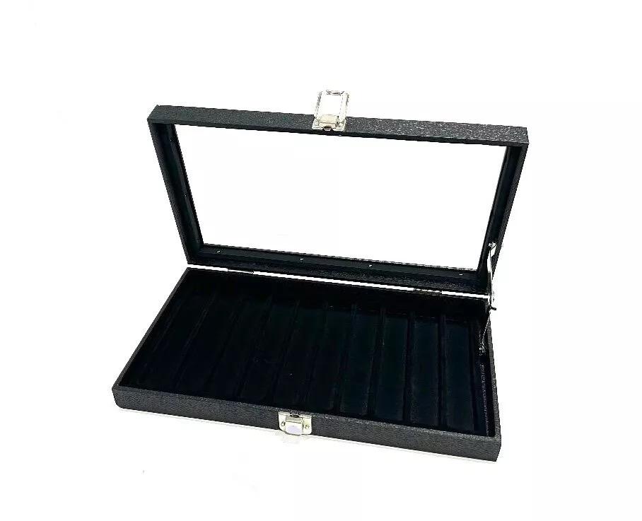 Pens Bracelets Black Glass Top 10 Slot Display Storage Case with Lid Support