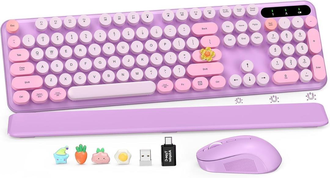 Wireless Keyboard and Mouse ComboRound Keycaps, FullSize Retro Typewriter Keyboard with Detachable Wrist Rest, Sleep Mode & Tilt Legs, 2.4GHz Cordless Connection for Mac/Windows/PC (Lavender Purple)