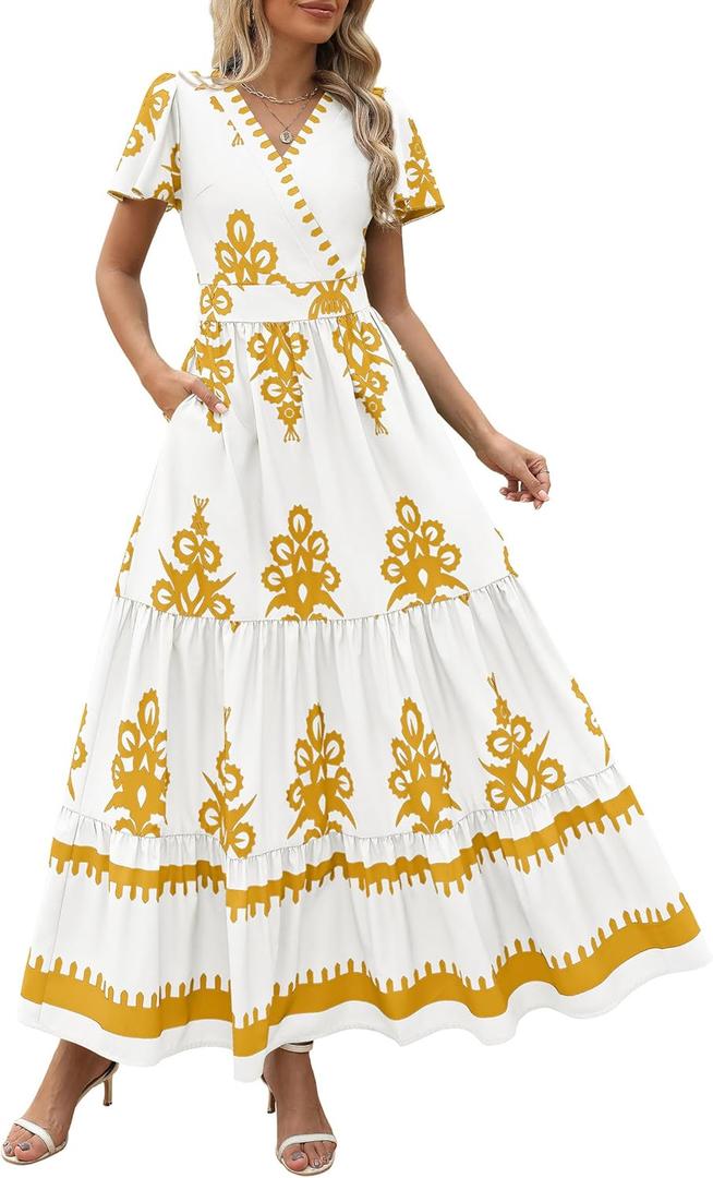 PRETTYGARDEN Womens 2026 Summer Casual V Neck Boho Maxi Dress Flowy Aline Bell Sleeve Tiered Floral Dresses with Pocket (L)