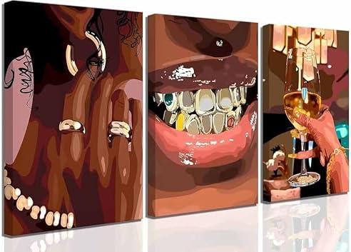 3 Pcs African American Woman Canvas Wall Art Fashion Bracelets Earrings Necklaces Gold Teeth Pictures Wall Decor Wine Trend Bar Cart Poster Print Artwork for Woman Bedroom Girl Room Home Decor