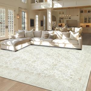 Washable Rugs 8x10 Area Rugs, Soft Vintage Neutral Living Room Rug with Non Slip Backing Stain Resistant Indoor Carpet Large Area Rug for Bedroom Under Dining Room Table Nursery Entryway-Light Beige