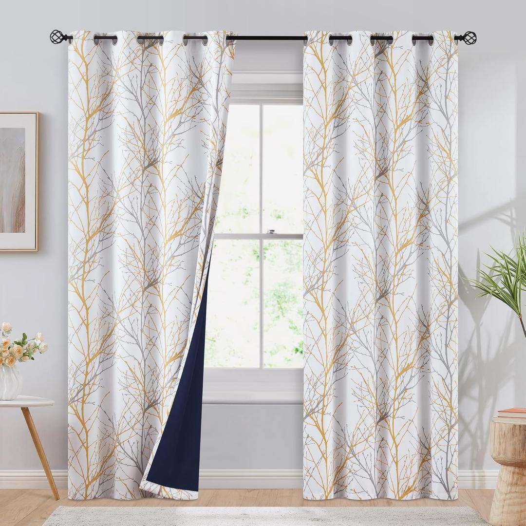 FMFUNCTEX 100% Blackout Yellow on White Tree Curtains for Bedroom, Curtains 84 Inches Long Branch Curtain Panels for Living Room, Room Darkening Thermal Insulated Window Drapes, Grommet Top 2 Panels