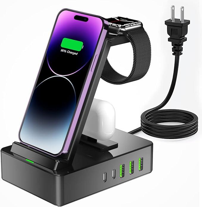 8 in 1 Wireless Charging Station, 100W USB C 2 Ports, Aluminum Alloy Cell Phone Charging Station Compatible with iPhone Series, iWatch, AirPods Pro