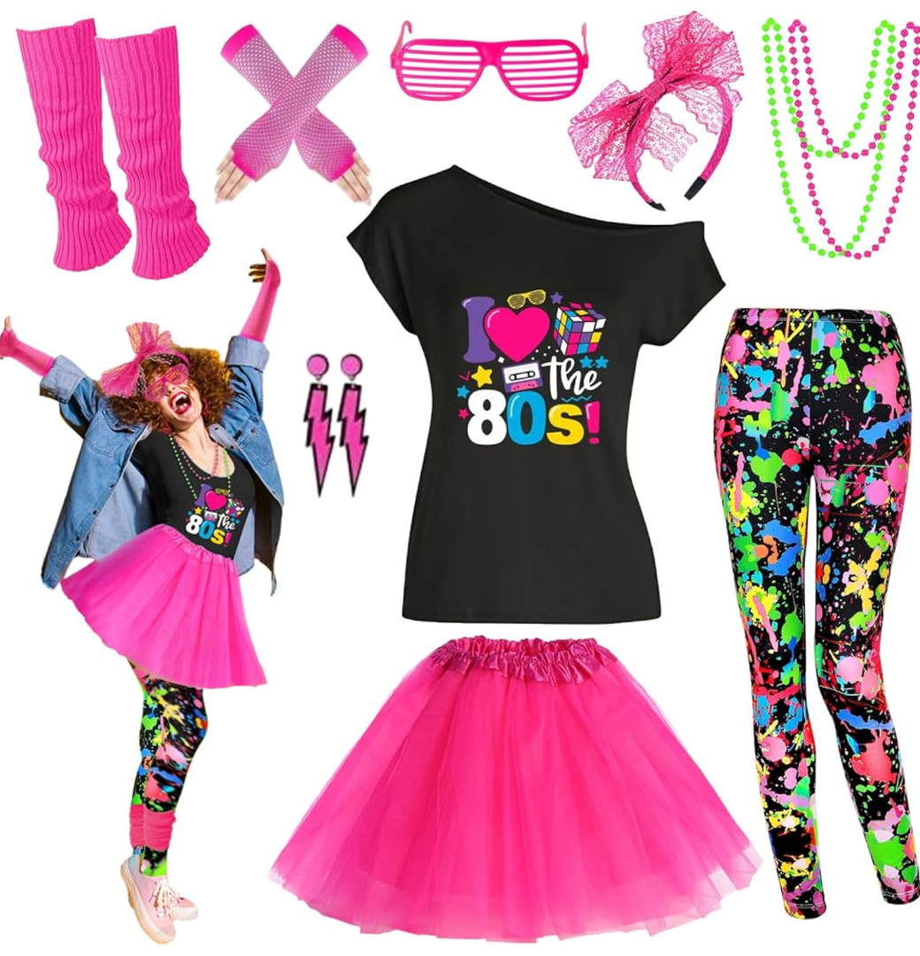 80s Outfit Women Costume Accessories Set T Shirt Shorts Tutu Skirt Neno Party Leg Warmers Headband M