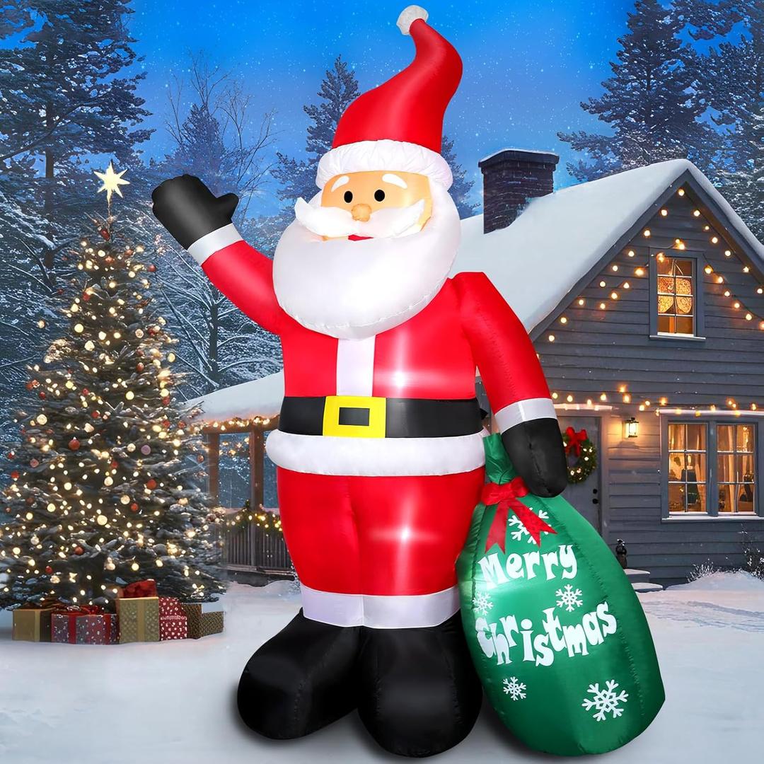 7 FT Christmas Inflatable Santa Claus with Green Gift Bag, Blow up Santa Claus Built-in LED Lights, Xmas Inflatable Indoor Outdoor Decoration for Yard Patio Garden Lawn Vacation Holiday Party Home