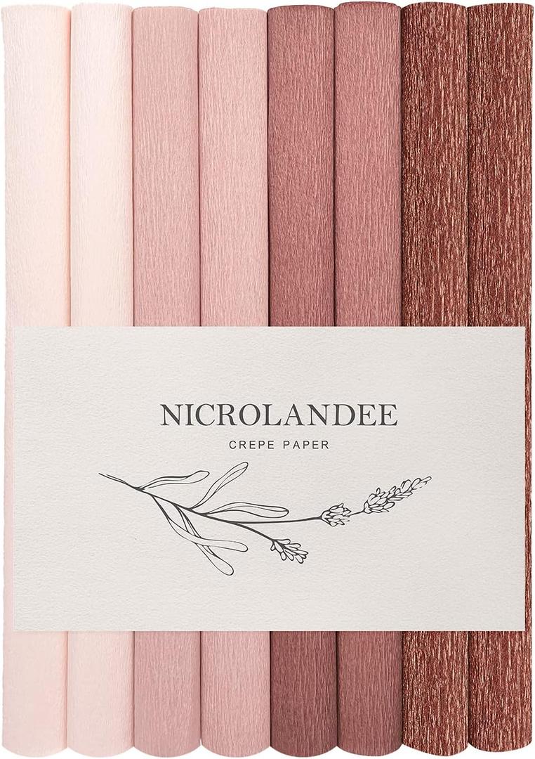 NICROLANDEE 8 Rolls Rose Gold Premium Crepe Paper Rolls for DIY Gift Wrapping Paper Crafts Birthday Wedding Holiday Paper Flower, 20 inches Wide by 6.56 ft Long, 4 Colors