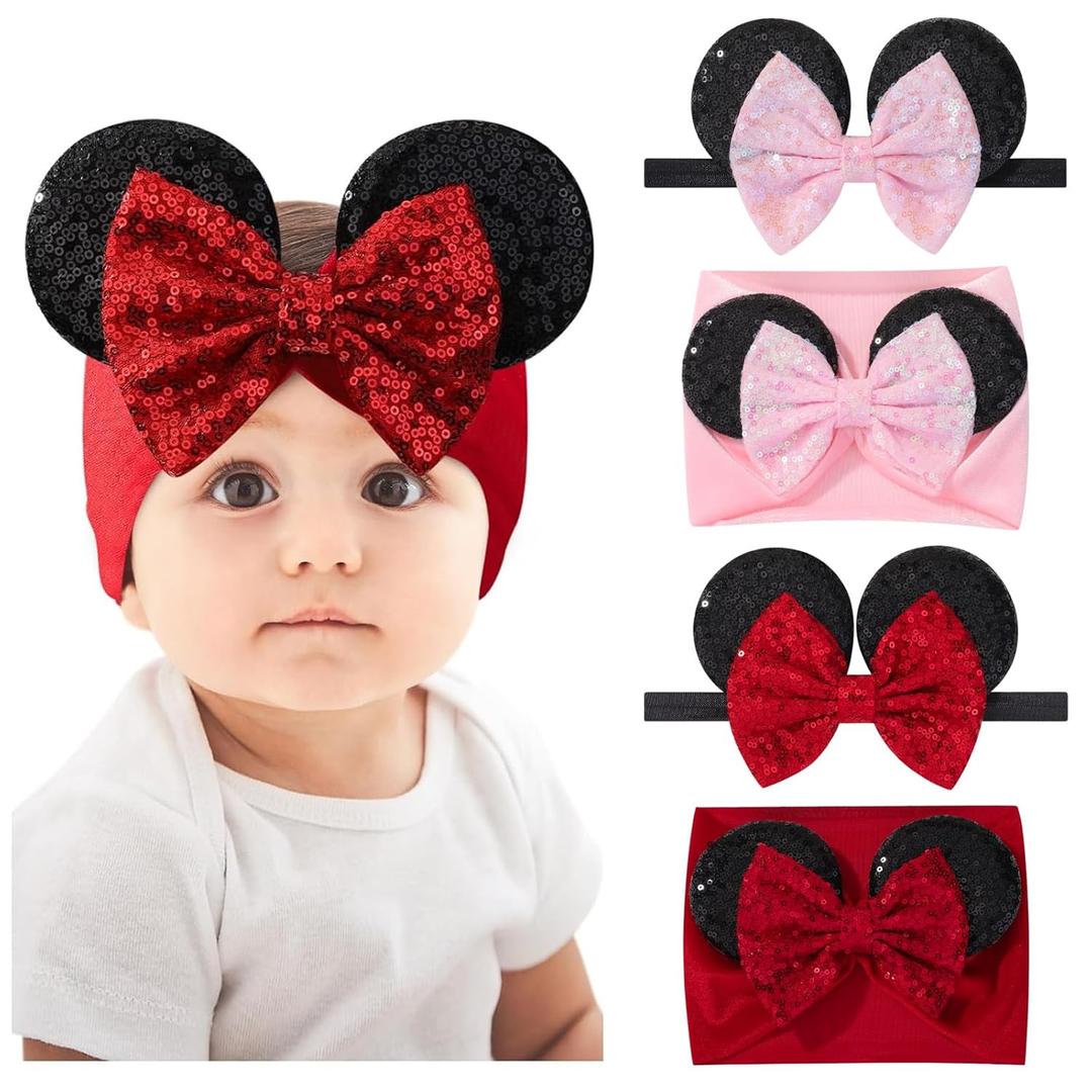 choicbaby Baby Girl Headbands Mouse Ears Headwrap with Sequin Polka Dot Bow Soft Stretchy Nylon Hair Bands for Newborn Infant Baby Toddler Girls- Pack of 4