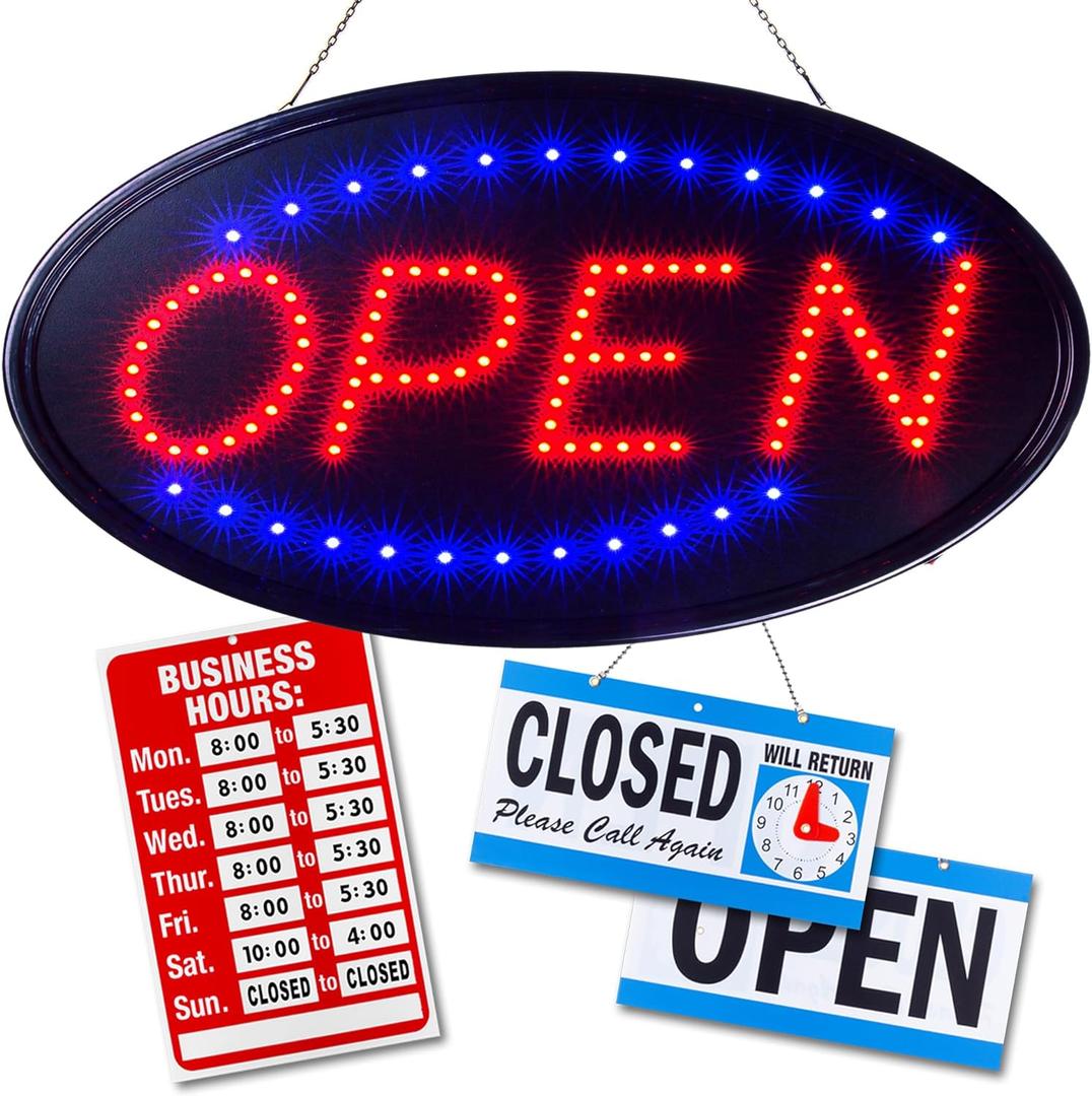 Neon Open Sign for Business: Oval LED Sign with Flashing Mode for Stores - Includes Business Hours and Open & Closed Signs (17 x 10 in)