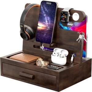 melafa365 Nightstand Organizer for Men,Phone Docking Station with Cable Management,Night Stand with Drawer,Bedside Organizer for Watches,Keys,Wallets,Gifts for Men(Brown)