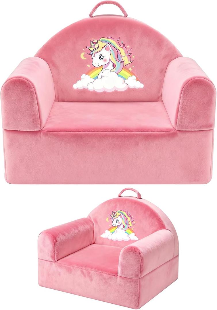 Kids Sofa Chair with Removable Washable Cover & Magic-Tape Backrest Toddler Chair, Cozy Crystal Velvet Furniture for Playtime, Naps & Travel (Soft Pink, Unicorn Design)