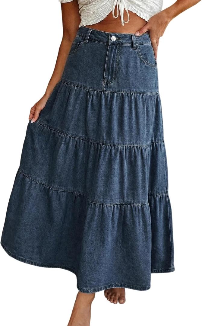 EMMIOL Long Jean Skirt for Women - Mid High Waisted A-Line Denim Maxi Skirts Dark Wash Tiered Swing Jean Skirt with Pockets, Dark Blue, Small