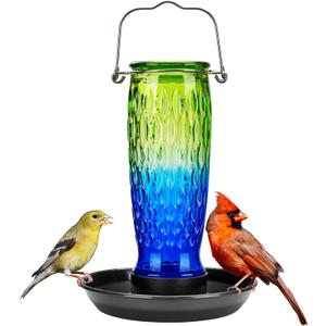 Kingsyard Bird Water Feeder for Outside, 24 Ounce, Glass Bird Water Dispenser with Metal Hanging for Garden Yard Outside Decoration, Green & Blue