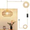 Qingmiao Boho Plug in Pendant Light, Rattan Hanging Lamp Plug in with Woven Shade, 3-Way Dimmable Hanging Light Fixture for Living Room Bedroom Kitchen Ceiling Farmhouse Home Decor