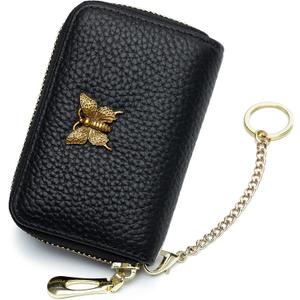 imeetu RFID Credit Card Holder for Women Genuine Leather Card Case Wallet with Zipper and Removable Keychain (Black)