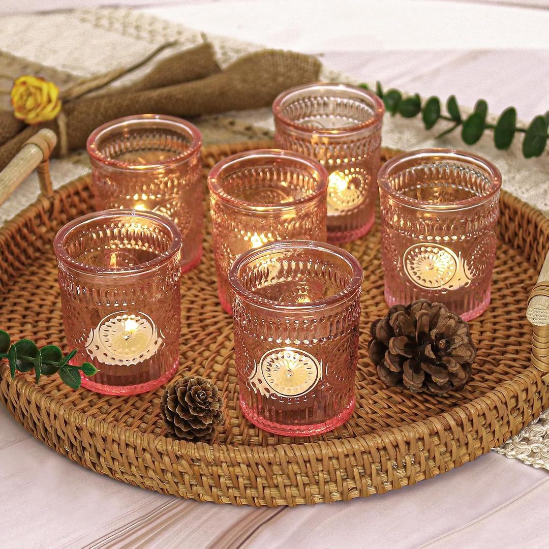 3 x 36 Pcs Pink Glass Votive Candle Holders, Tealight Candle Holders for Table Centerpieces, Vintage Candle Holder Bulk, Boho Wedding, Valentine's Day Table Decor (Pink)
