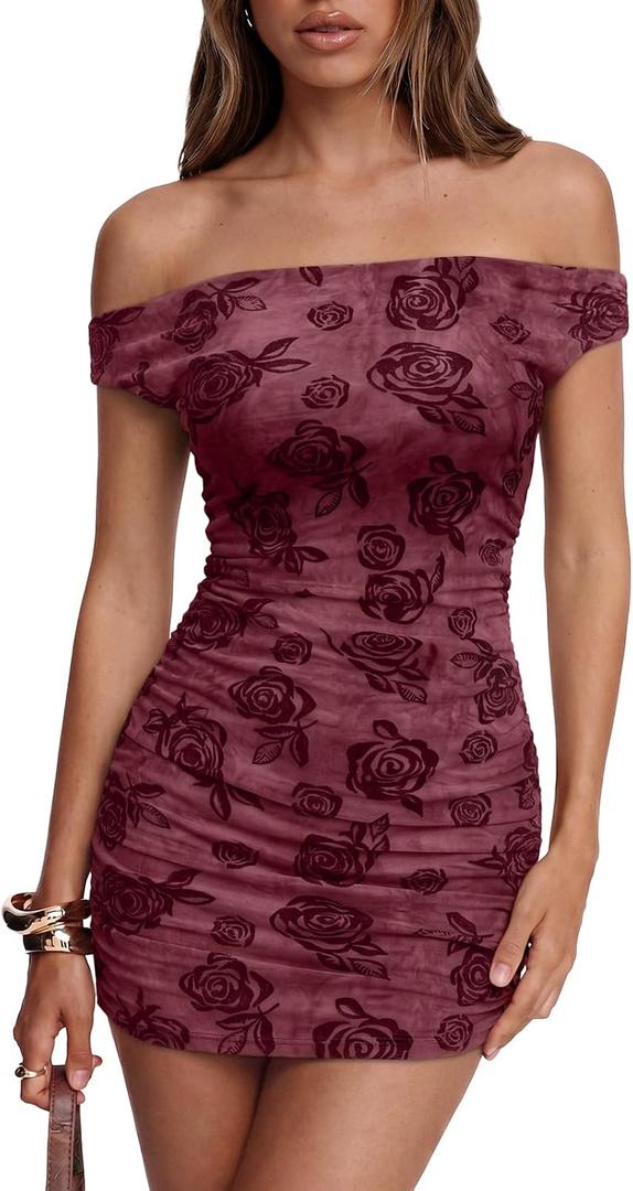 Trendy Queen Womens Off The Shoulder Floral Mini Dress Summer Party Bodycon Ruched Short Dresses (M)
