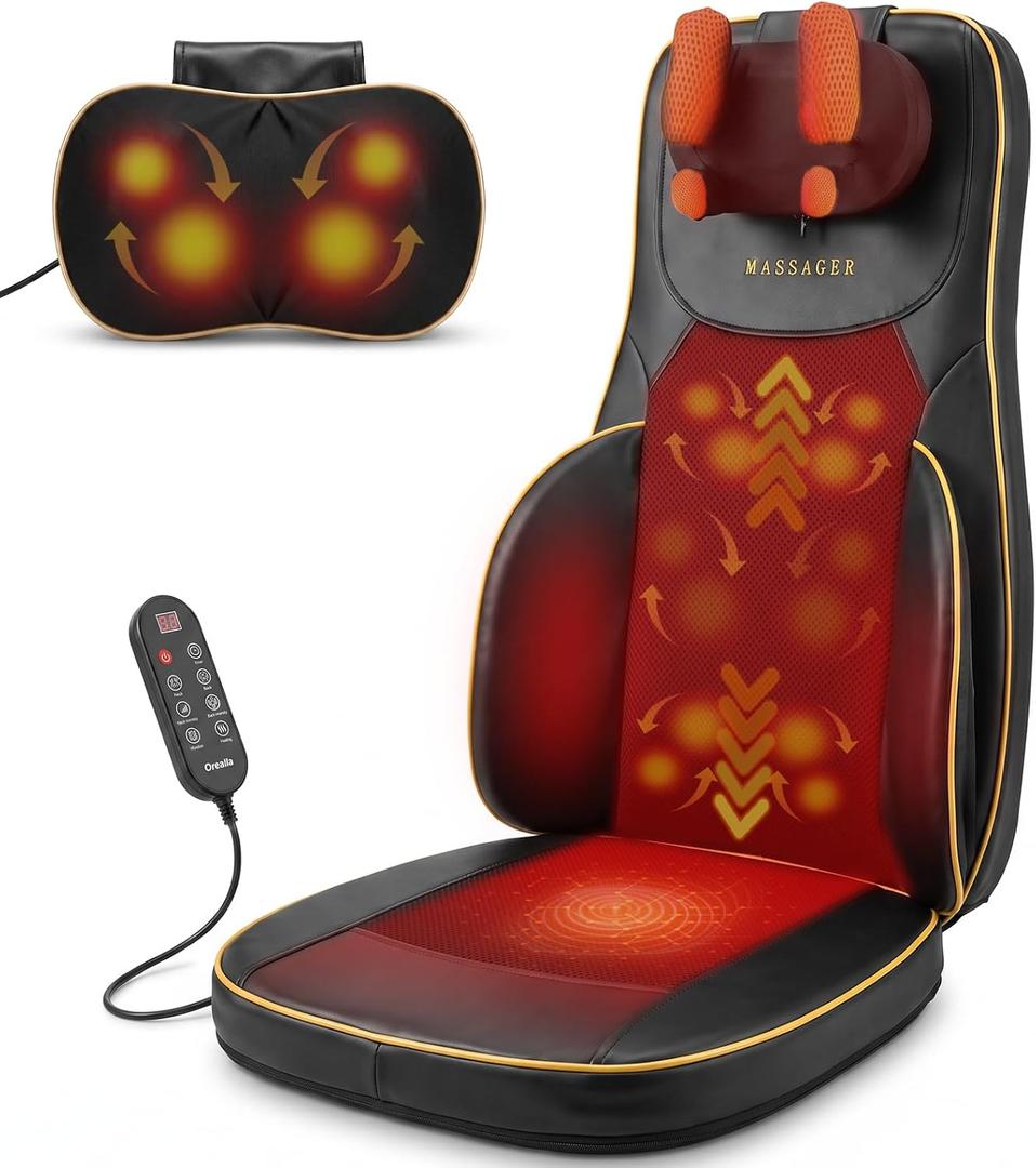 Massage Chair Pad with Heat, Shiatsu Neck and Back Massager for Chair 2 Detachable Neck and Shoulder Massage Heads, Extended Full-Back Walking Nodes, Heat, 17x17" Seat for Chair/Bed